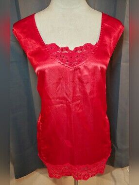 Y2K Plus Size Denim 24/7 Red Satin Cami Tank Top w Lace & Sequins.